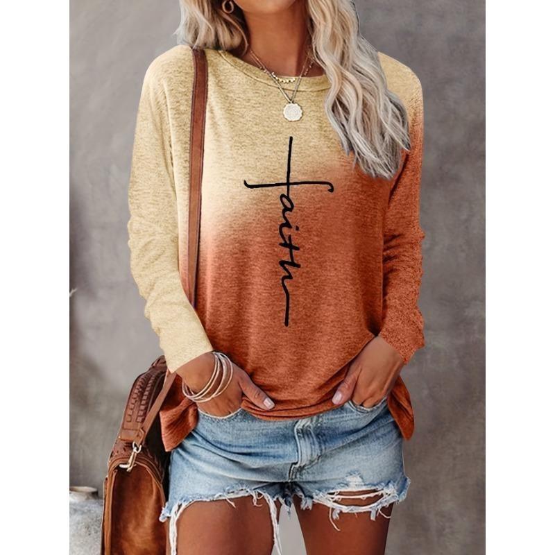 Gradient Faith Letter Print Women's T-shirt Long Sleeve Top Female Graphic Blouse Women's Clothing Shirts Autumn Outdoor Casual