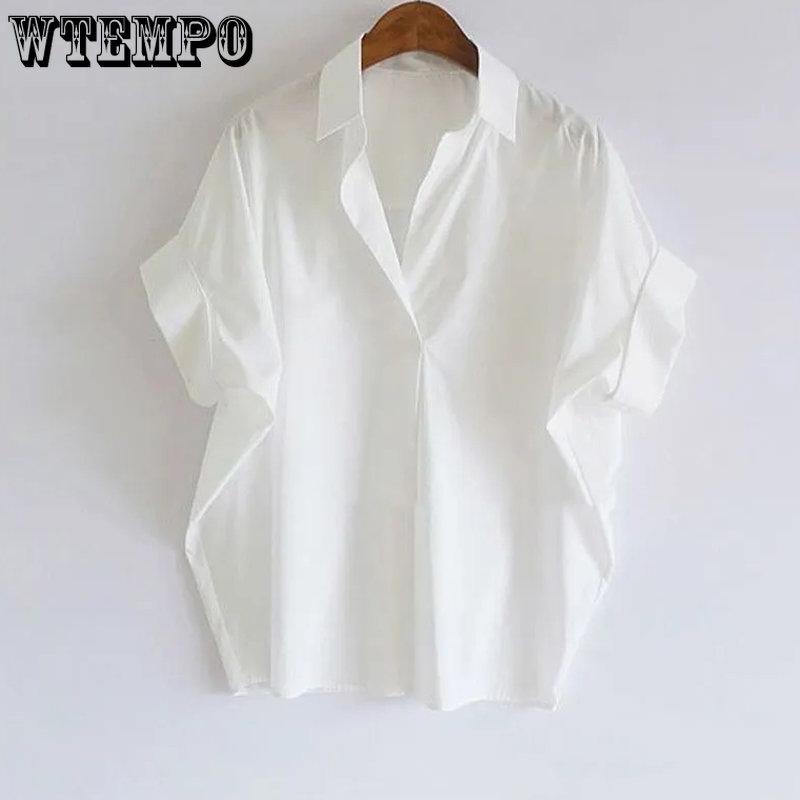 WTEMPO Summer Cotton White Shirt Women's Korean Loose Versatile Tops Loose Short Bat Sleeve V-neck Button T-Shirts