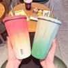 Tyeso 600ML Stainless Steel Coffee Cup With Straw Gradient Color Insulated Water Bottle Car Thermos Mug Cold Drink Vacuum Cup