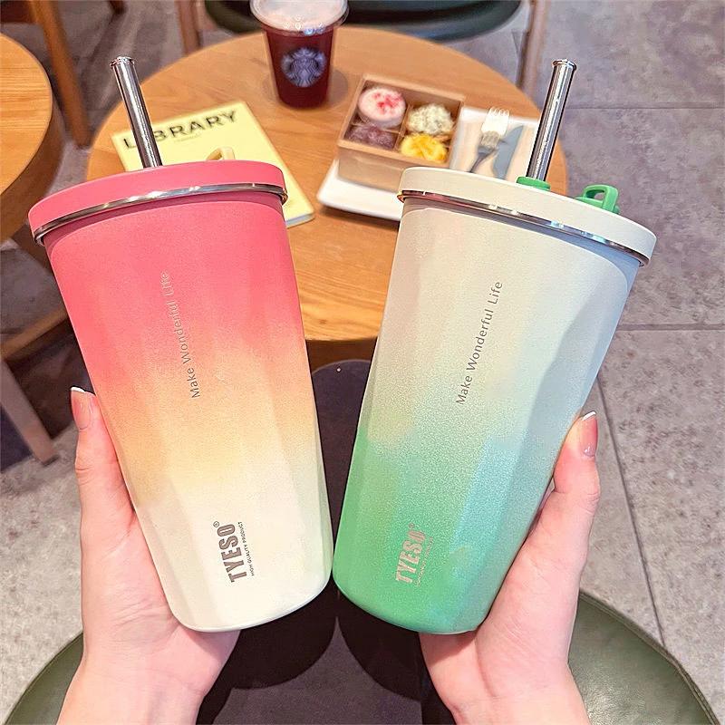 Tyeso 600ML Stainless Steel Coffee Cup With Straw Gradient Color Insulated Water Bottle Car Thermos Mug Cold Drink Vacuum Cup