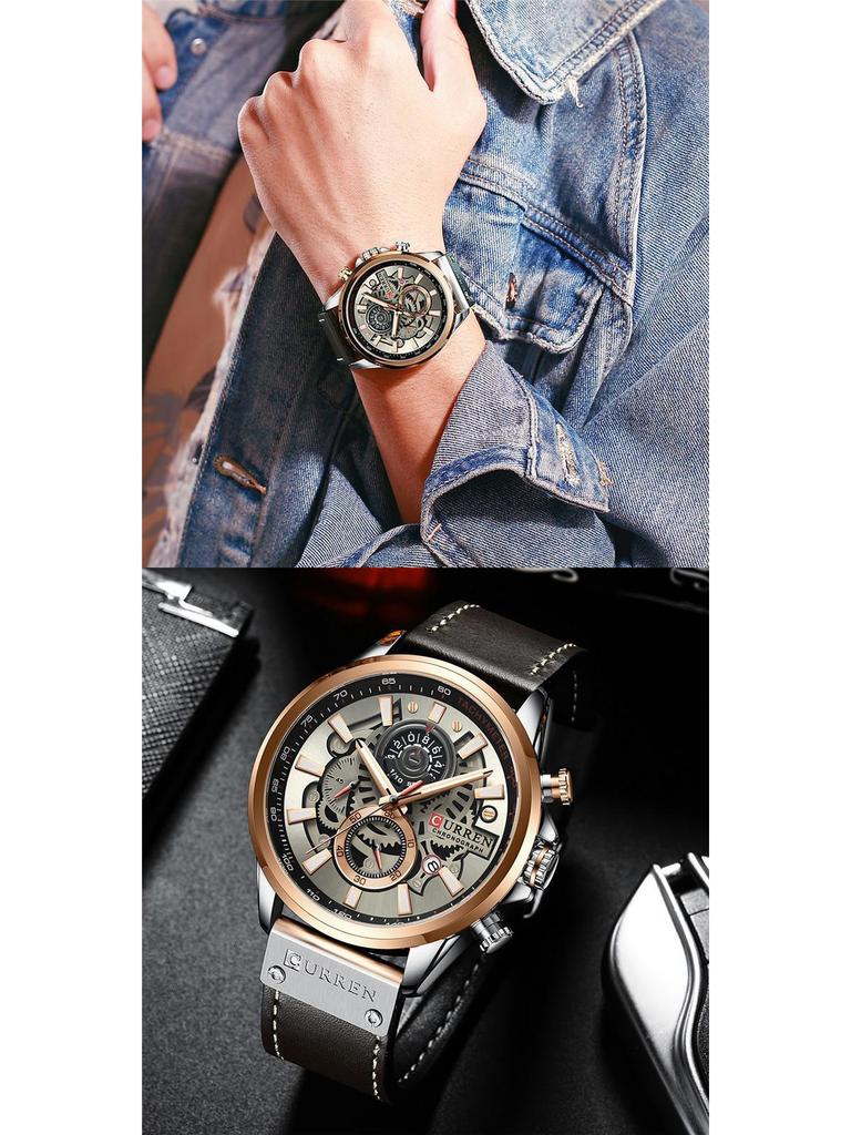 Curren 8380 Men's Waterproof Multifunction Sports Quartz Watch with Leather Strap and Calendar.