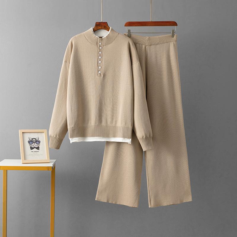 Mode Lässiger Wollanzug Damen Herbst und Winter Neu Lockerer Pullover Gestrickte Weitbeinige Hose Zweiteiliges Set