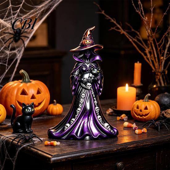 Gothic Home Decor Halloween Witch Figurine, Resin Black Cat Statue with Pumpkin, Retro Party Supplies Sculpture, Tabletop Ornament for Display