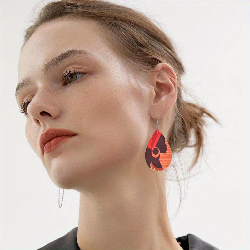 Boohemia Gypsy Girl with Earrings Print Waterdrop PU Earrings for Women Girls Letter Dangle Earrings Party Decorations New Year Christmas Gifts