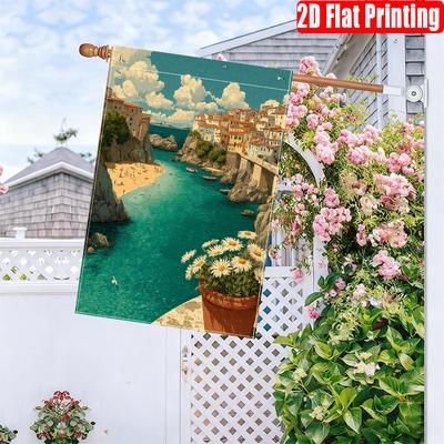 2D Flat - 2D Printing, 1pc Summer Beach Daisy Flower Print 2D Printed Double-Sided Garden Flag, Solely Flag Surface Flagpole Not Included