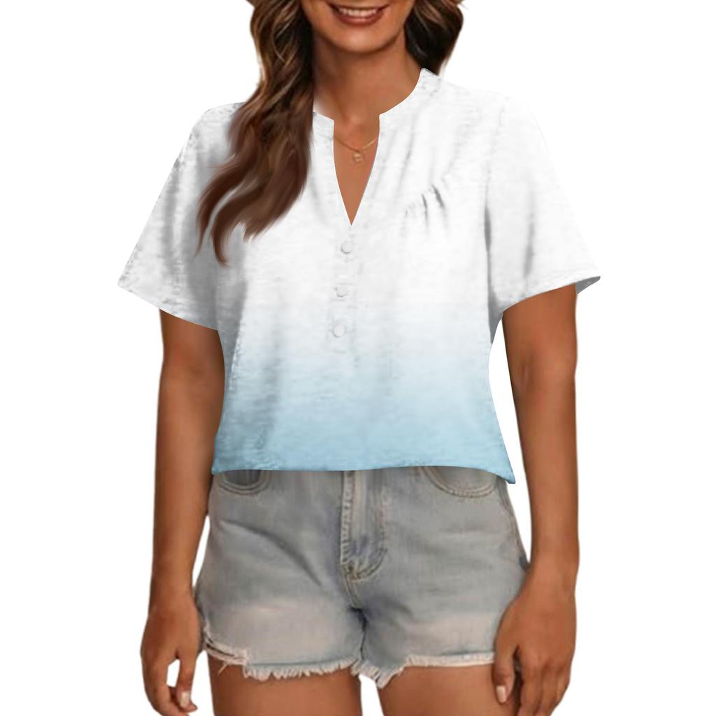Women's Fashionable Casual V Neck Button Up Oversized Short Sleeve Printed Top