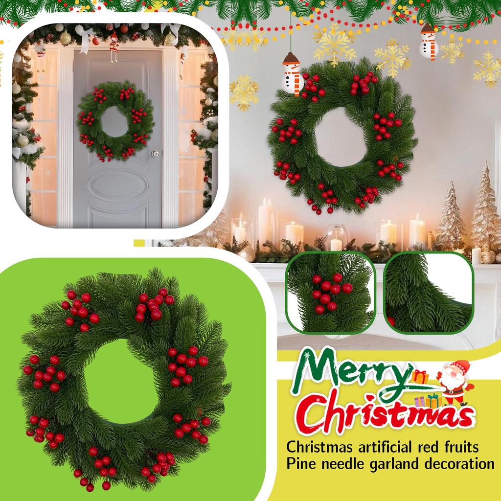 45cm Christmas Red Fruit Pines Needle Wreath Simulation Christmas Day Decoration Door Hanging Wreath