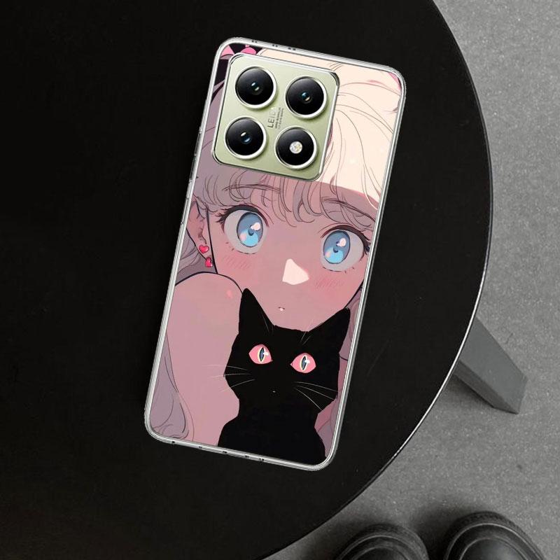 Anime Girls Cute Black Cat Phone Case Cover for Xiaomi Redmi Note 15 14 13 12 11 Pro Plus 14S 12S 11S 11T 11E 10S 10 Customized