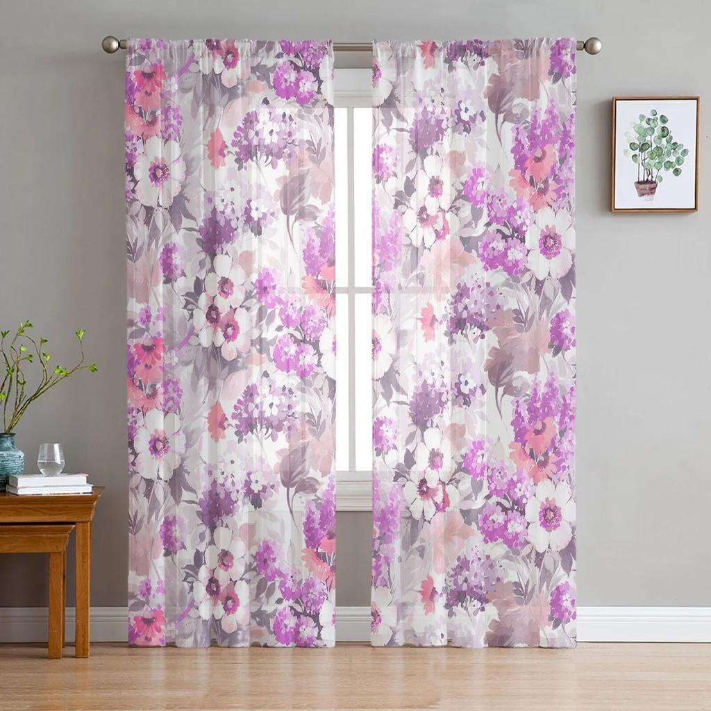 Spring Brown Background Peach Blossom Tulle Curtains for Living Room Home Decor Window Curtain Kitchen Sheer Voile Curtain