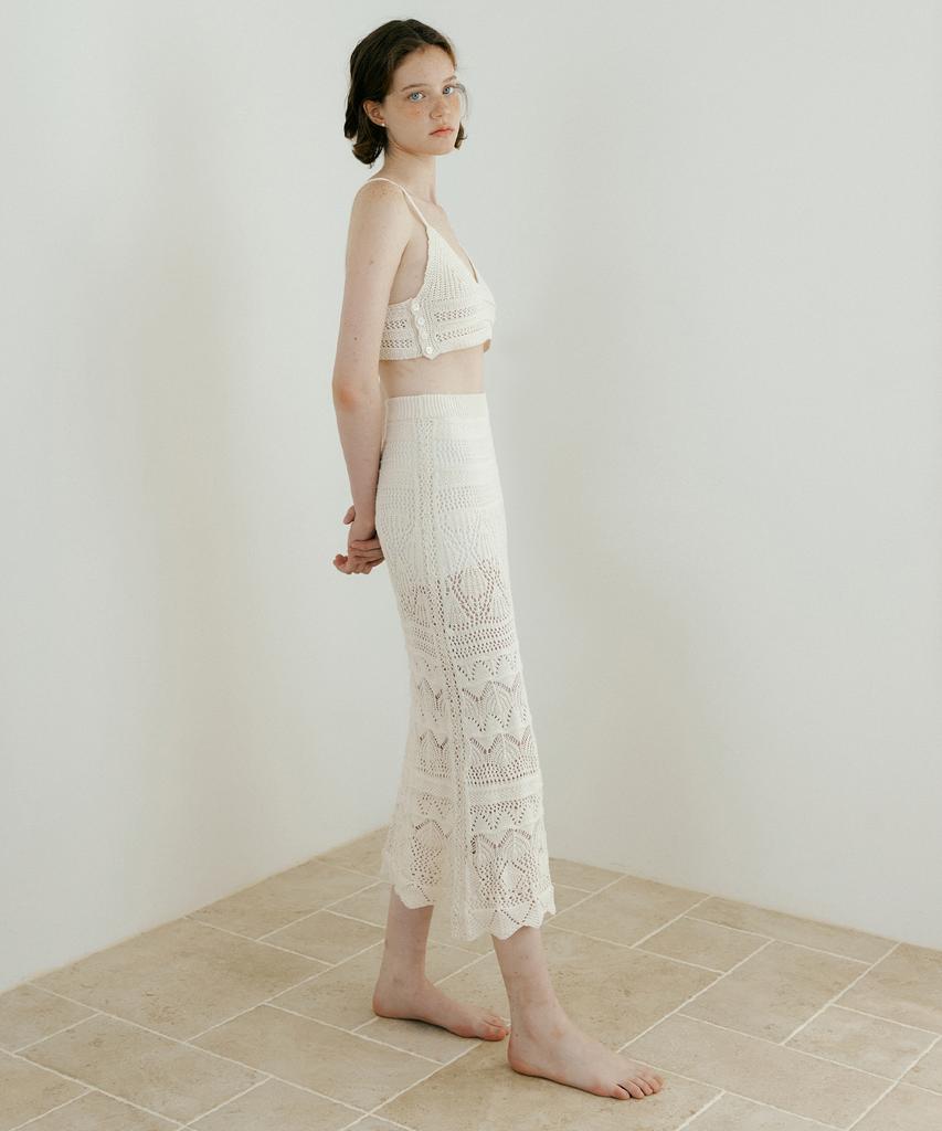 LUCIR ZU Weave Crochet Two-Piece (Top & Skirt) (Cream)
