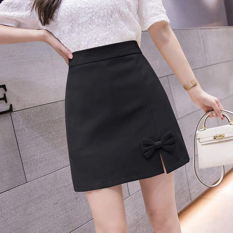 

Весна и лето Свежий темперамент Высокая талия Тонкая однотонная полуюбка Женская универсальная студенческая мода бант А-силуэт короткая юбка XXL чёрный