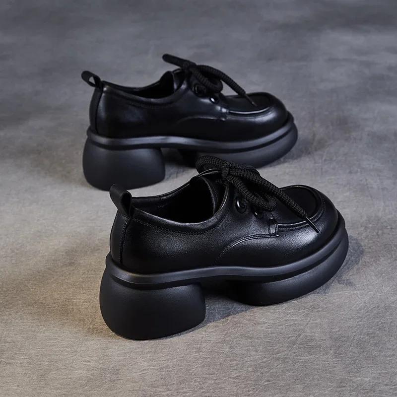 Fashion 6CM Luxury Design Chunky Platform Pumps Women Thick High Heel Genuine Cow Leather Handmade Retro Lace-Up Casual Women Shoes
