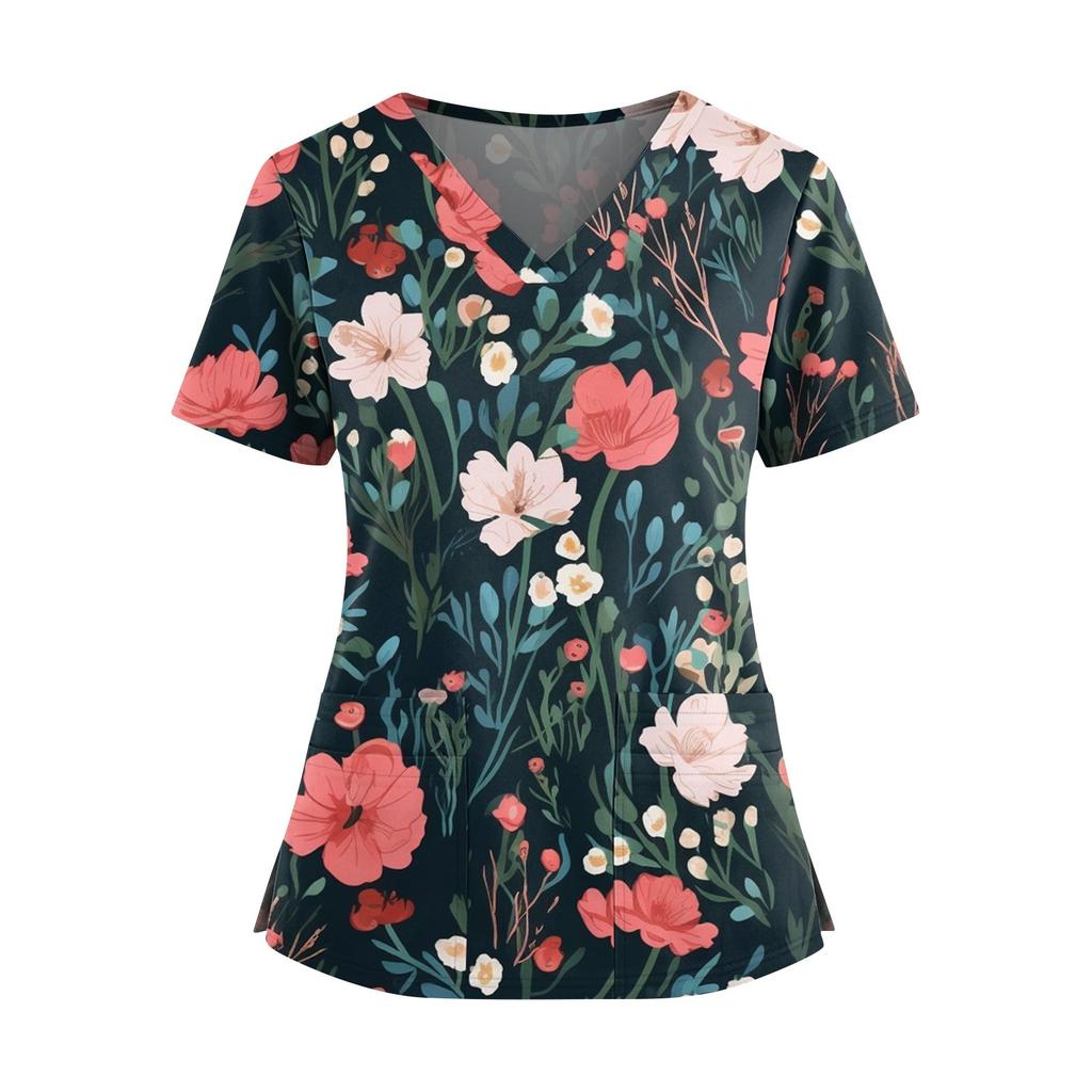 Women's Fashionable Printed V Neck Double Pocket Short Sleeved Shirt With Slit Hem Uniform And Worker Top