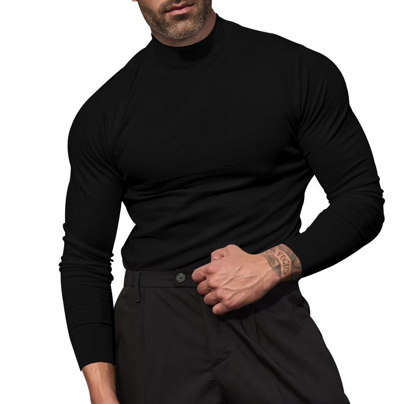 Men's Autumn/Winter Solid-Colour Long-Sleeved T-Shirt in Wool Blend Men's Base Layer Top with Close-Fitting Semi-Round Neck