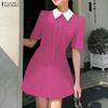 Women Casual Turn Down Collar Summer Short Sleeve A-line Dress