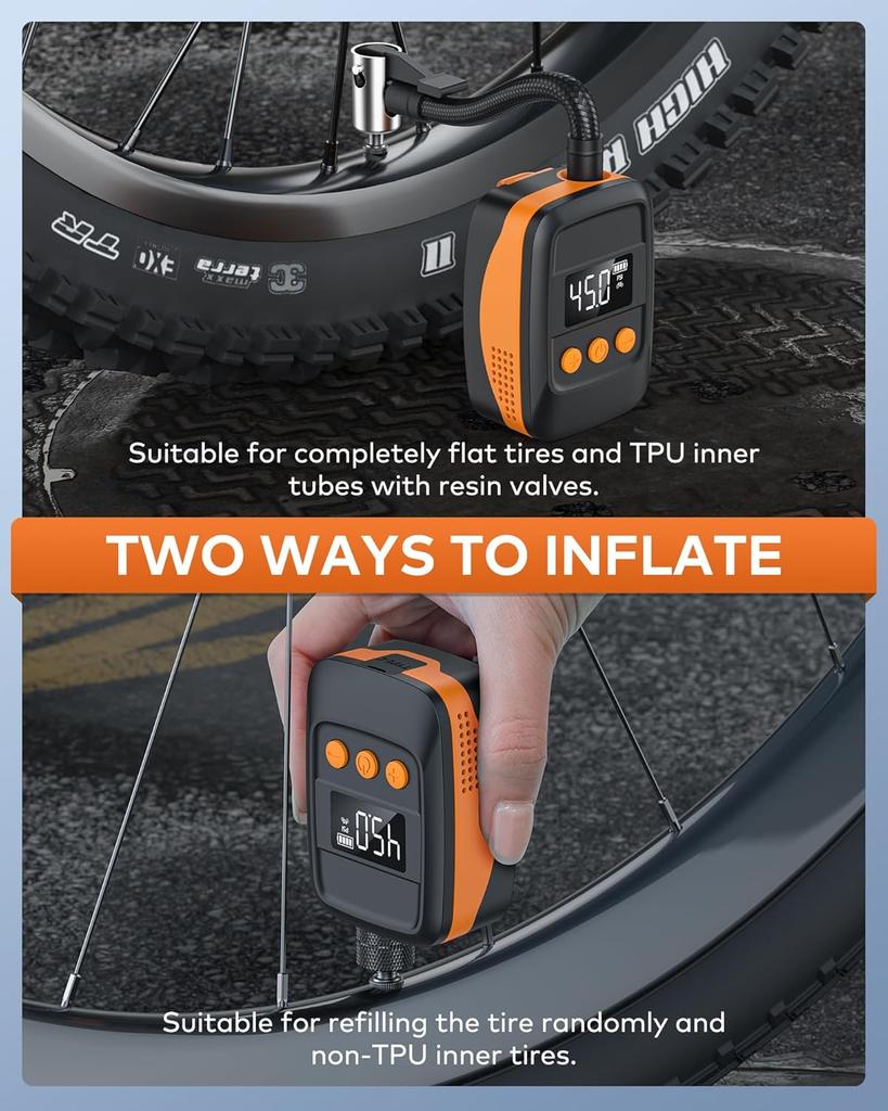 Electric Bike Tire Pump 150 PSI with Gauge, Auto Shut-Off, Portable for Presta/Schrader