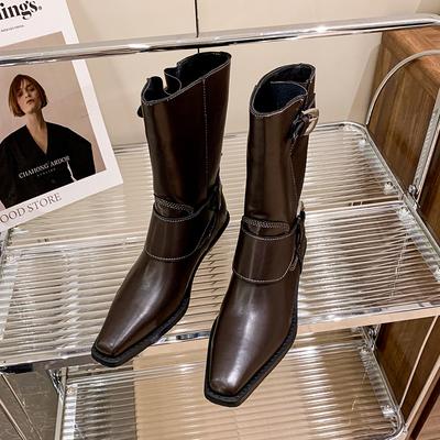 Spring/autumn Mid-calf Modern Boots Square Heel Zip Hot Sale Ladies Shoes Pointed Toe Low Heel Belt Buckle Women's Boots