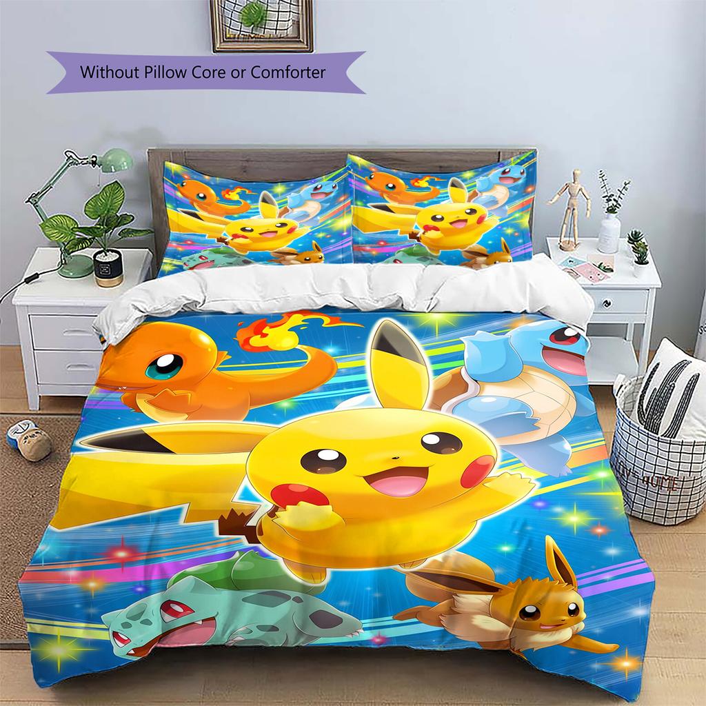 Pościel z Wzorem Pokémonów Dekoracja Domu Prezent Urodzinowy (1 * poszwa na kołdrę + 2 * poszewki na poduszki, bez rdzenia)