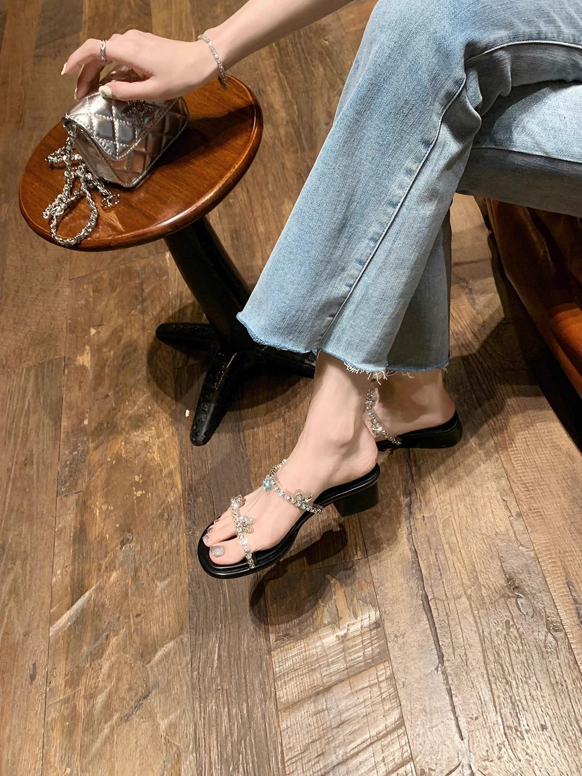 

Sheepskin version~ Flash diamond exquisite fairy with rhinestone open-toed thick heel cool slippers 40