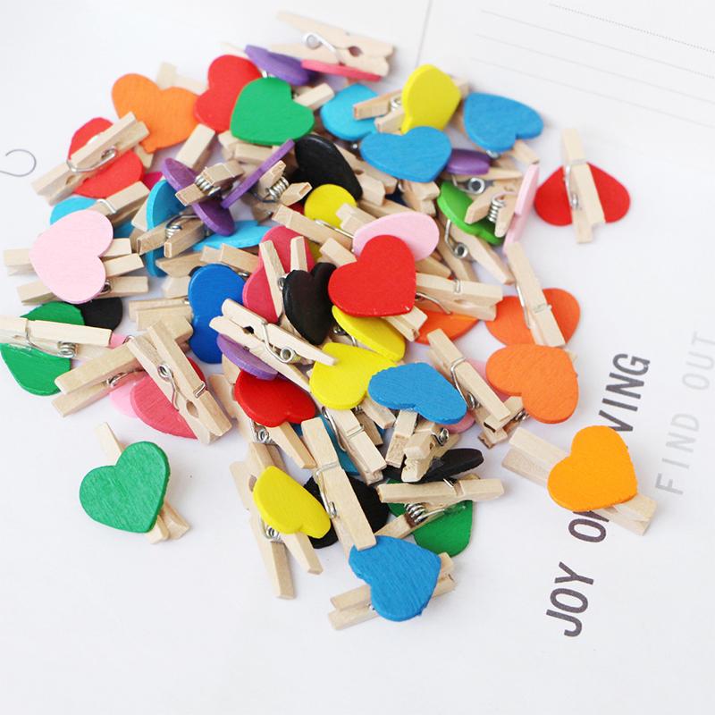 50Pcs Wooden Colored Love Heart Photo Clip Memo Paper Diy Photo Clips Wedding Decoration Postcard Clips Clothespin Home Decor