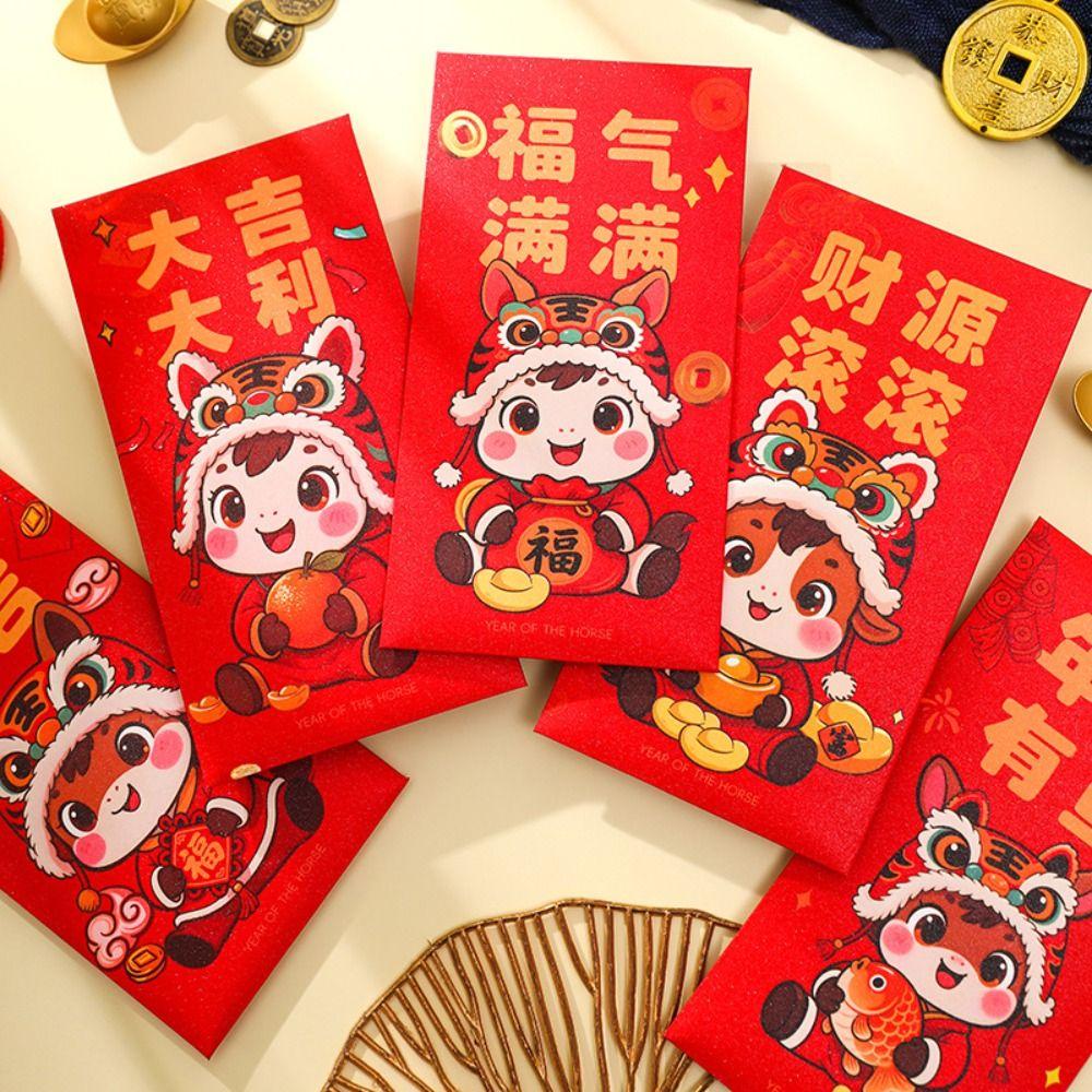6Pcs/Set Cute 2026 Horse Year Red Envelope Traditional Paper Blessings Printing The Year of The Horse Red Packet Luck Money Bag