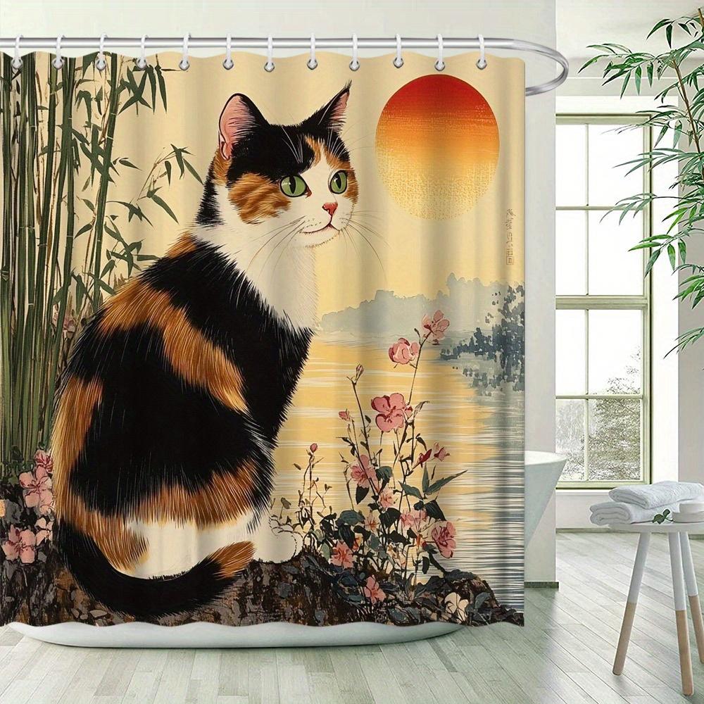 Charming Calico Cat and Sunset Waterproof Shower Curtain – Perfect for Adding a Warm and Cozy Touch to Your Bathroom Decor