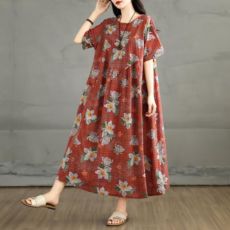 

Dimanaf 2025 Плюс Размер Летнее Платье Женское Новое Цветочное Винтажное Длинное Повседневное Платье С О-Образным Вырезом Свободное Платье Макси XL бордовый