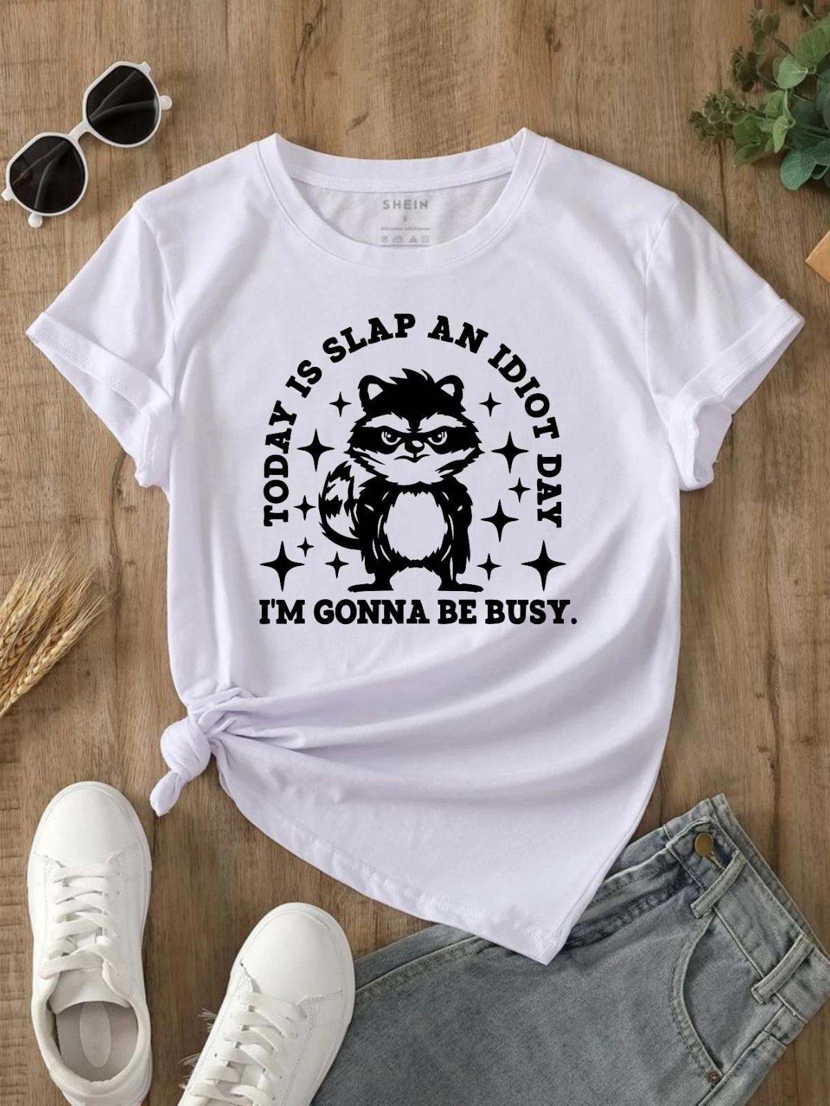 Today Is Slap An Idiot Day I m busy Racoon Retro Sarcastic T- Shirt Rude Joke Top M