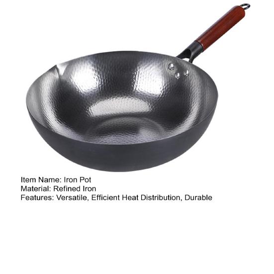 Forged Iron Wok Pan Non-Stick Fish Scale Skillet Pot Even Heating Ergonomic Handle Cooking Pot for Frying Stewing Steaming