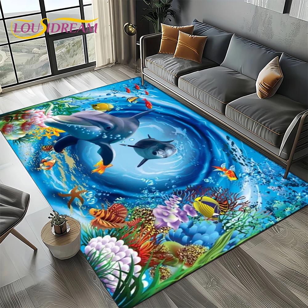Underwater World 3D Illusion Seabed Cartoon Shark Dolphin Carpet Rug for Living Room Bedroom Home Sofa Decoration,Floor Mat Kid