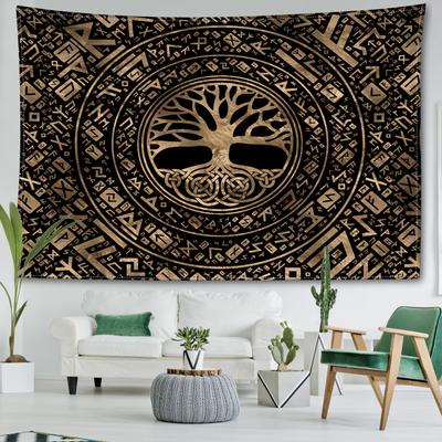 Tapiz de árbol de la vida con runas para colgar en la pared, arte abstracto, hippie, tapiz de brujería, fondo misterioso para sala de estar, decoración del hogar