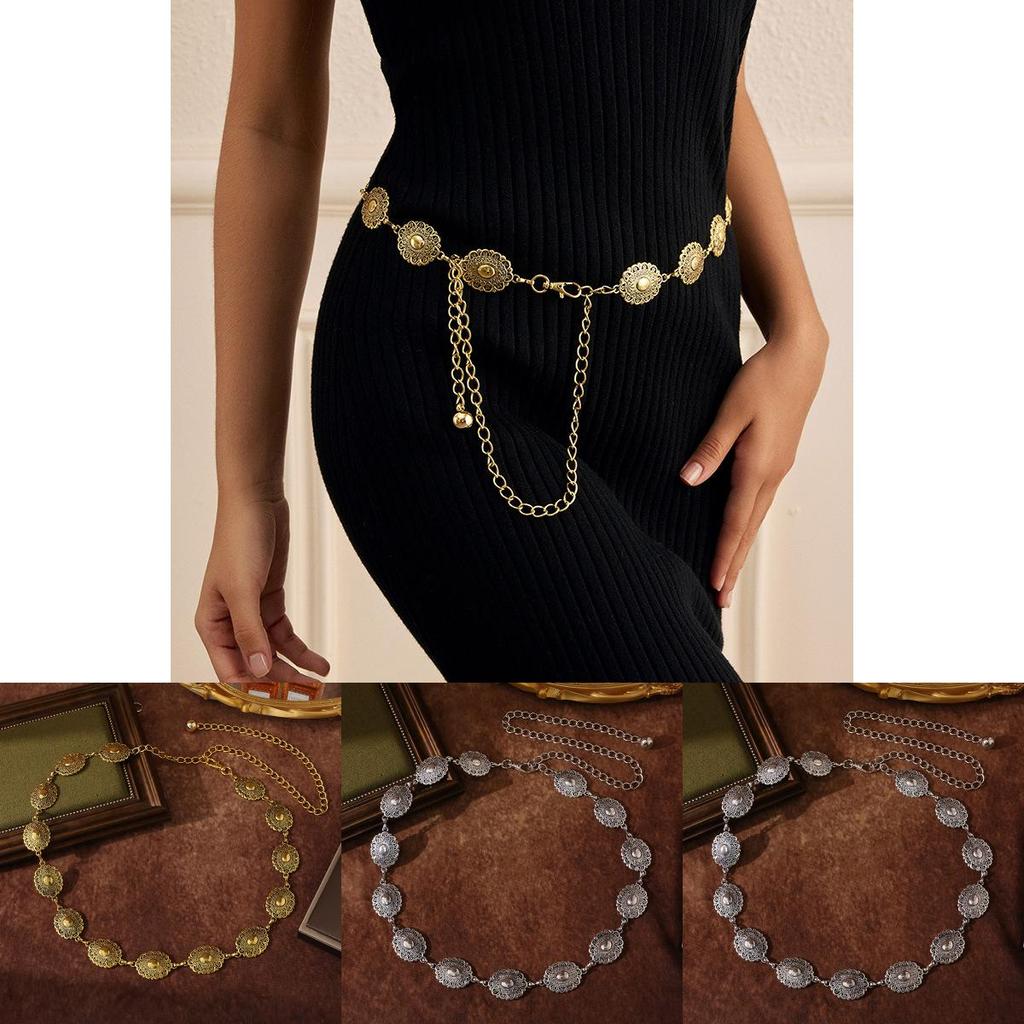 Retro Style Metal Waist Belt With Floral Rose And Camellia Decor For Ladies Office Wear