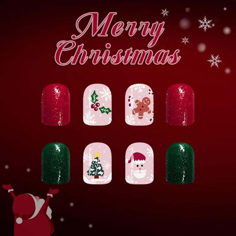 Christmas Theme Press On Fingernail With Santa Claus Art 24pcs Easy Application Holiday Party False Fingernail