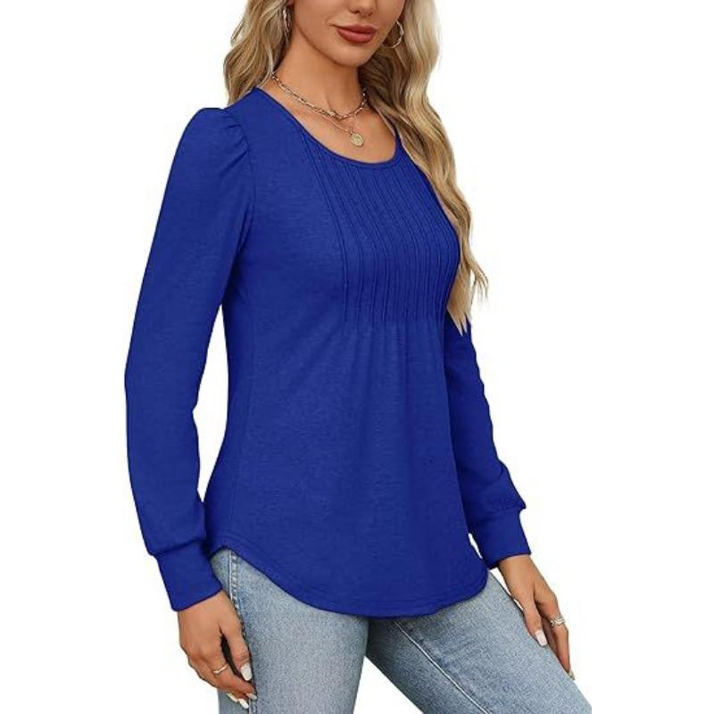 Women's Blouse Bubble Sleeve Drawstring Ruffle Round Neck Long Sleeve Top