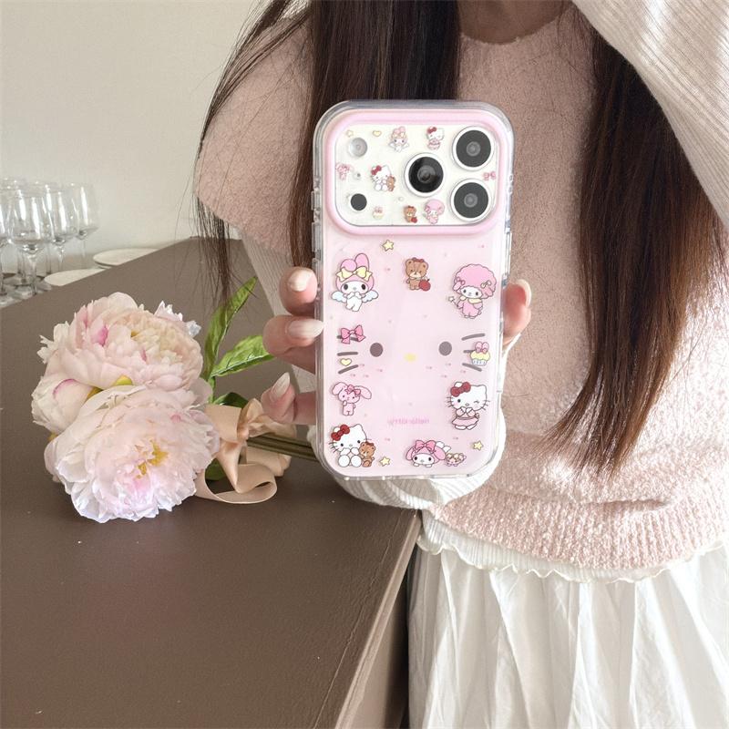 New Hello Kitty My Melody Pink Clear Phone Case With Beaded Chain For iPhone 14 15 16 17 Pro Max INS Cute Shockproof Cover Girls