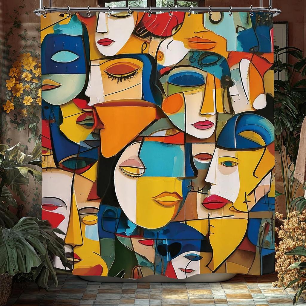 Abstract Face Minimalist Modern Bathroom Shower Curtain Line Art Modern Funny Aesthetic Cute Artsy Polyester Fabric Waterproof