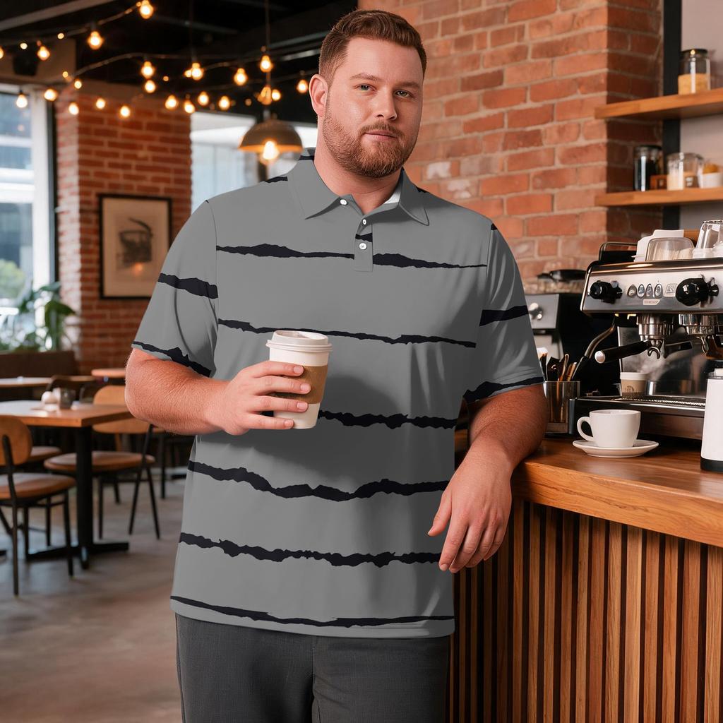 Men's Big Size Short Sleeve Golf Shirt Breathable Casual Workwear Polo Shirt with Striped Plaid Print Comfortable Fit