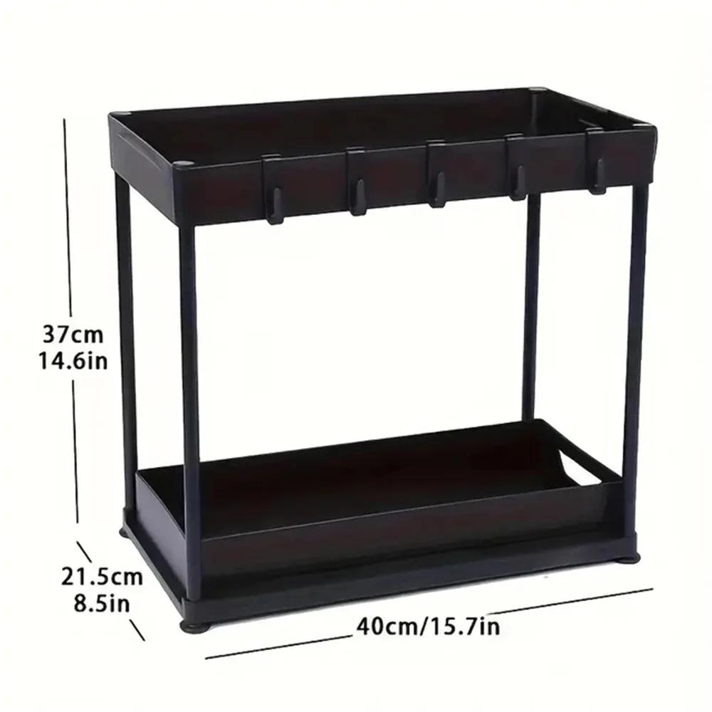 

1 шт. Двухъярусная пластиковая кухонная полка, для раковины, столешницы, для хранения специй с крючками, подвесной ящик