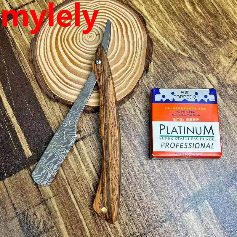 Tan Wood Handle Shaving Razor Professional Barber Shaver with Replaceable Blades Mens Eyebrow Razor Gift