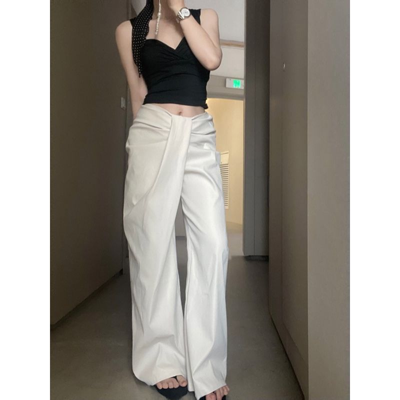 Kumikumi Stylish Asymmetric Large Ruched Casual Pants Women's Autumn Loose Feeling Low Waist Baggy Straight Trousers