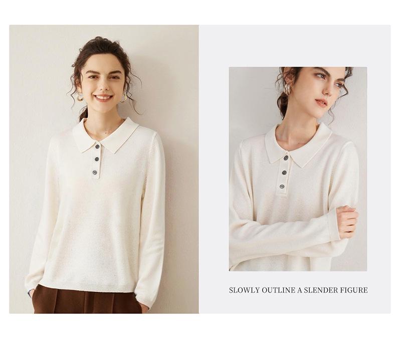 Women's 100% Pure Cashmere Slimming Polo Collar Sweater - Autumn/Winter Casual Long Sleeve Knitwear.