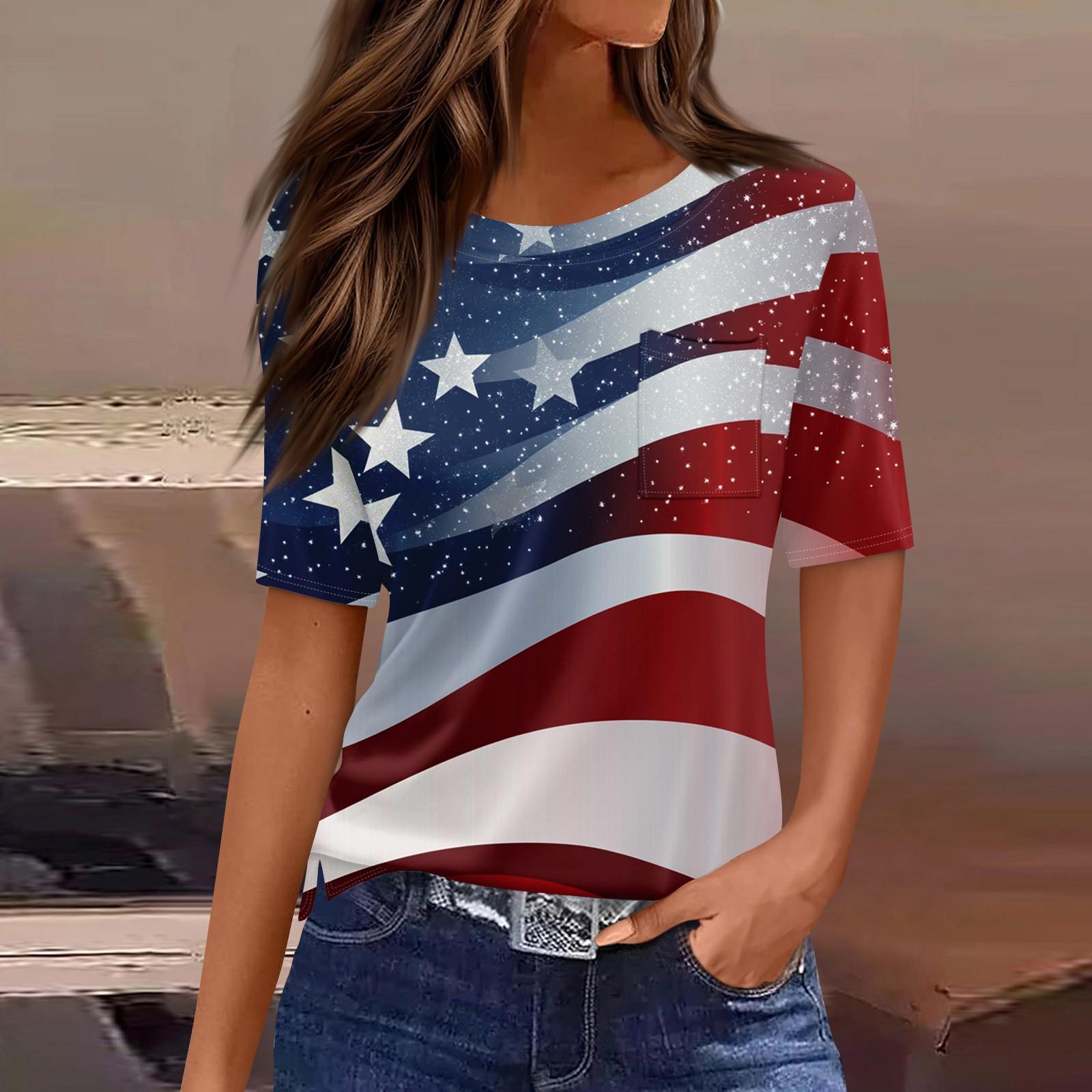 Women s Round Neck Pocket Independence Day Print Short Sleeve T-Shirt Top L