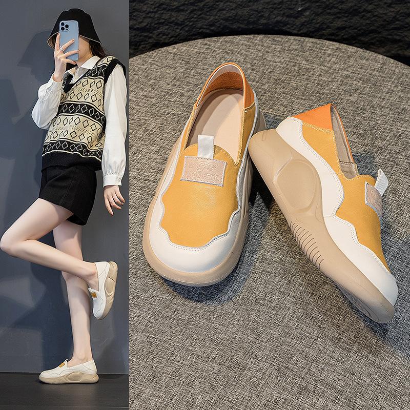 Breathable Round-toed Top Layer Cowhide Soft-soled Single Shoe Thick-soled Cake Casual Shoes