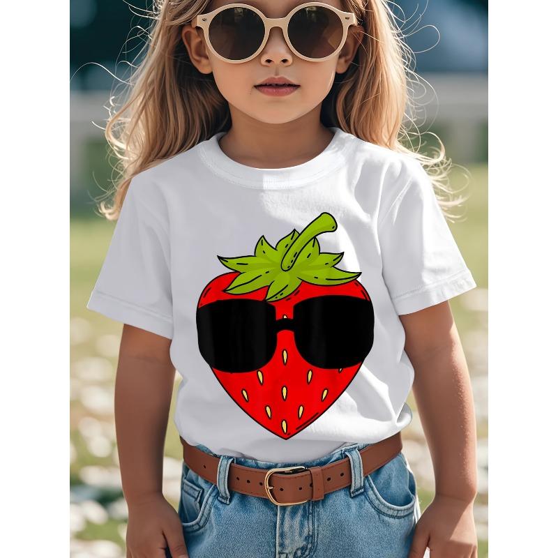 Children Crew Neck Short Sleeve T-Shirt with Artistic Strawberry Print