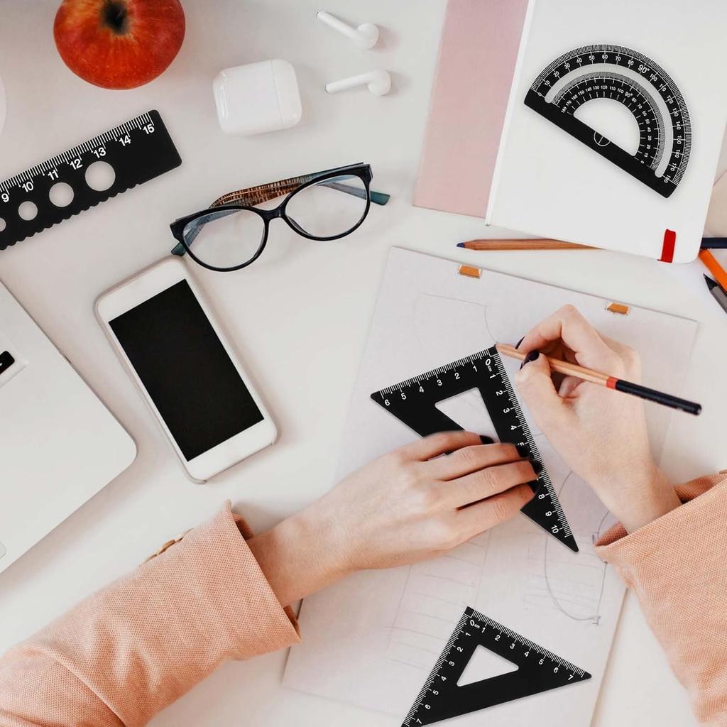 5Pcs Metal Geometry Set, Math Drafting Ruler Kit Aluminum Triangle Rulers Metal Ruler Drafting Tools, Metal Triangular Scale Ruler Set, Protractor,