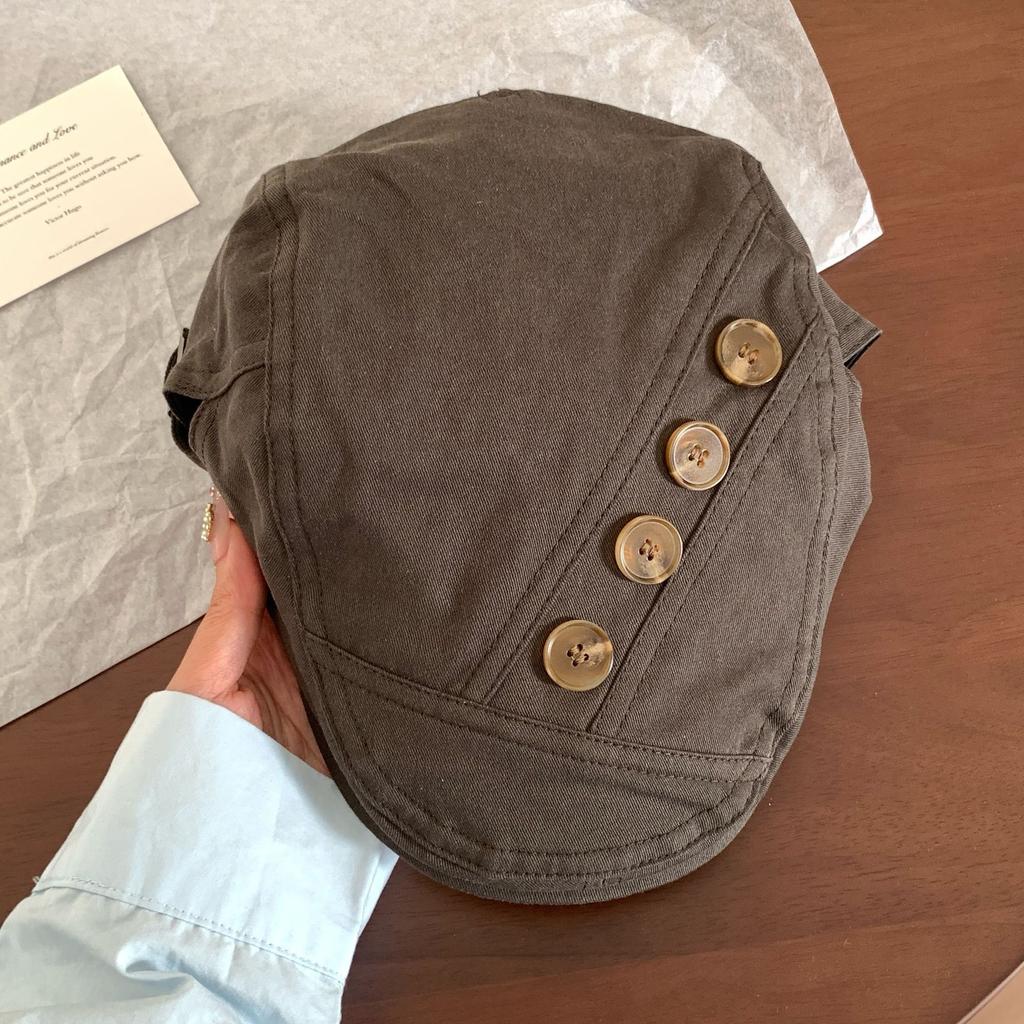 Personalized Retro Button Brown Forward Hat Children Autumn and Winter Spice Girl Big Head Circumference Show Face Small Beret