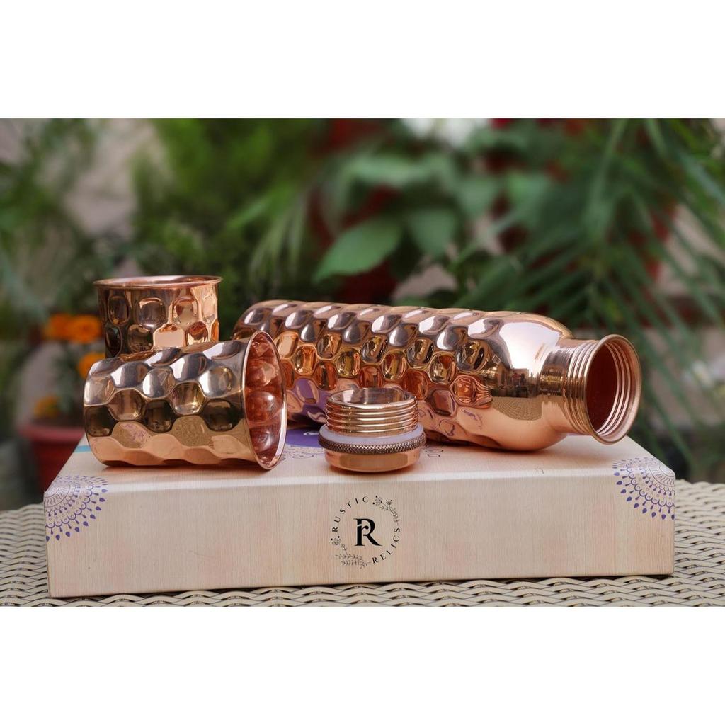Diamond Pure Copper Bottle - 1L with 2 Glass Set | Ayurvedic Health Benefits Hammered Design | Leak-Proof And Jointless Water Bottle Hand Made