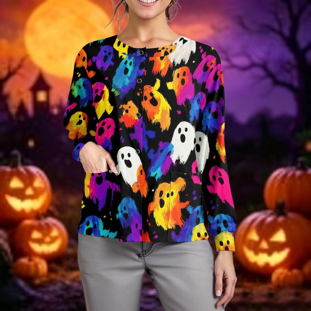 Women's Casual Long Sleeve Button Up Cardigan Halloween Print Lightweight Pullover Sweater for Caregivers and Everyday Wear