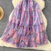 Tea Break Retro French Gentle Style Floral Chiffon Dress for Women with A Cinched Waist and A One Shoulder Puff Sleeve Mesh Skirt