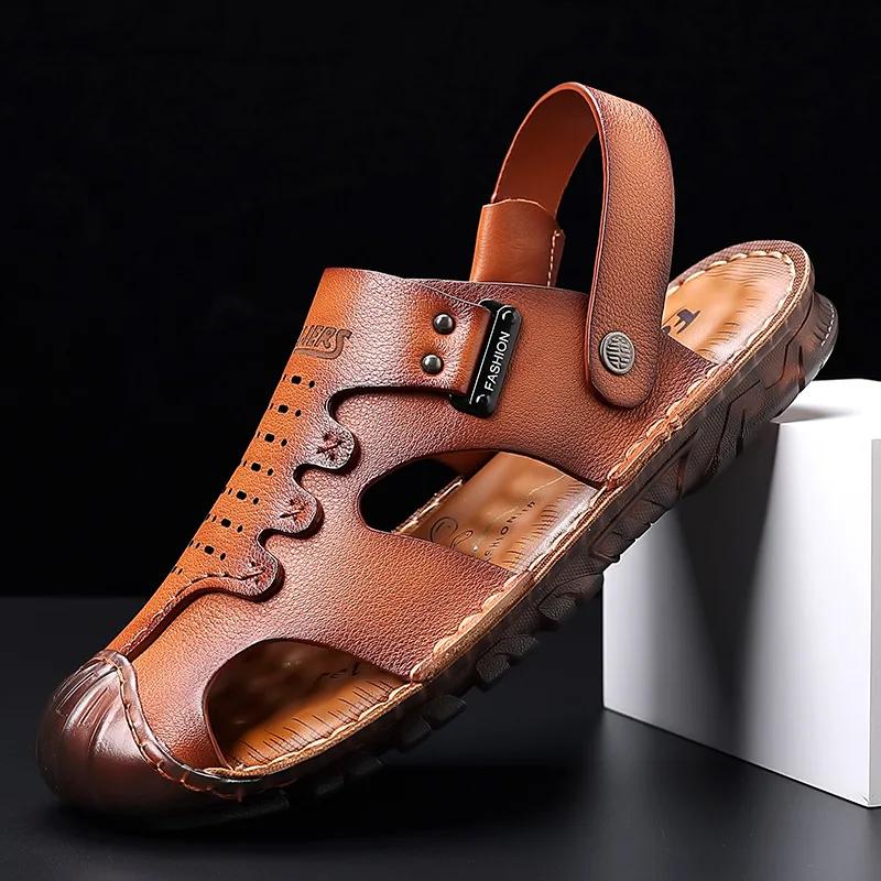 

FashionFashion Новые дизайнерские мужские сандалии, однотонные с открытым носком, сандалии из натуральной кожи, мужские летние тапочки, пляжная обувь для мужчин 38